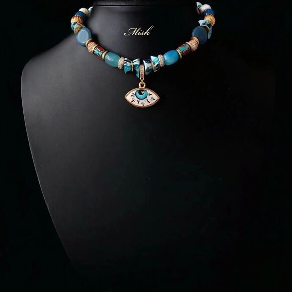 Handmade Natural Stones Evil Eye Necklace, MADE IN TURKEY - Picture 1 of 6